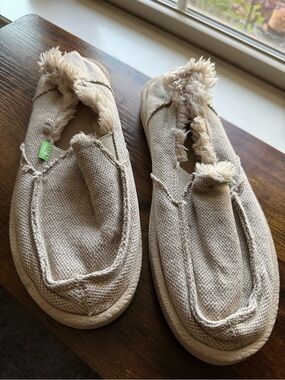 Sanuk Donna Cozy Faux Shearling Lined Sidewalk Surfers Beige Slip On Shoes 8